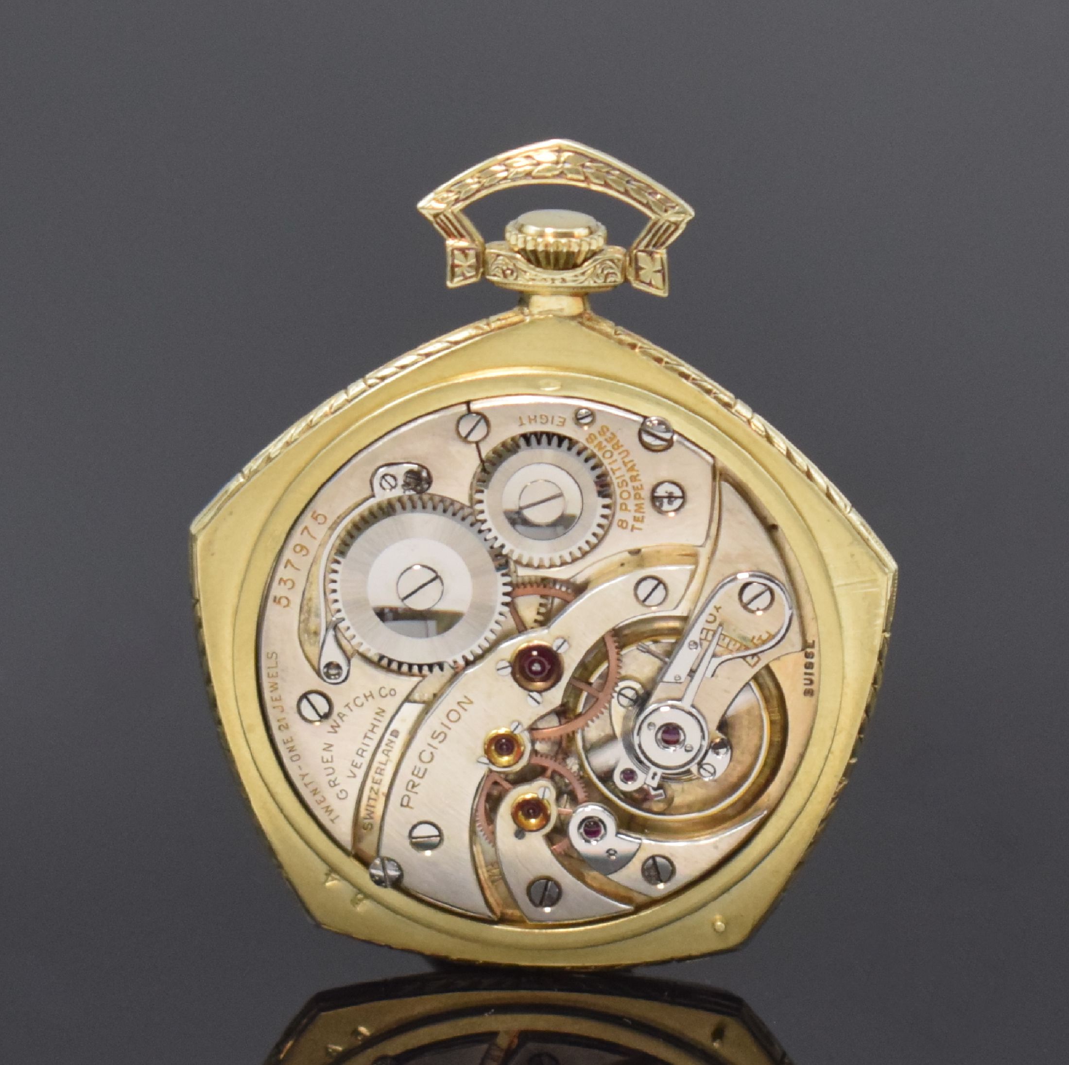 Detail c: GRUEN VeriThin hochwertige 5-eckige Taschenuhr in GG 585/000, Schweiz / USA um 1935, 3- teil. Geh., Boden u. Glasrand aufgedr., tief- grav. Rand ...