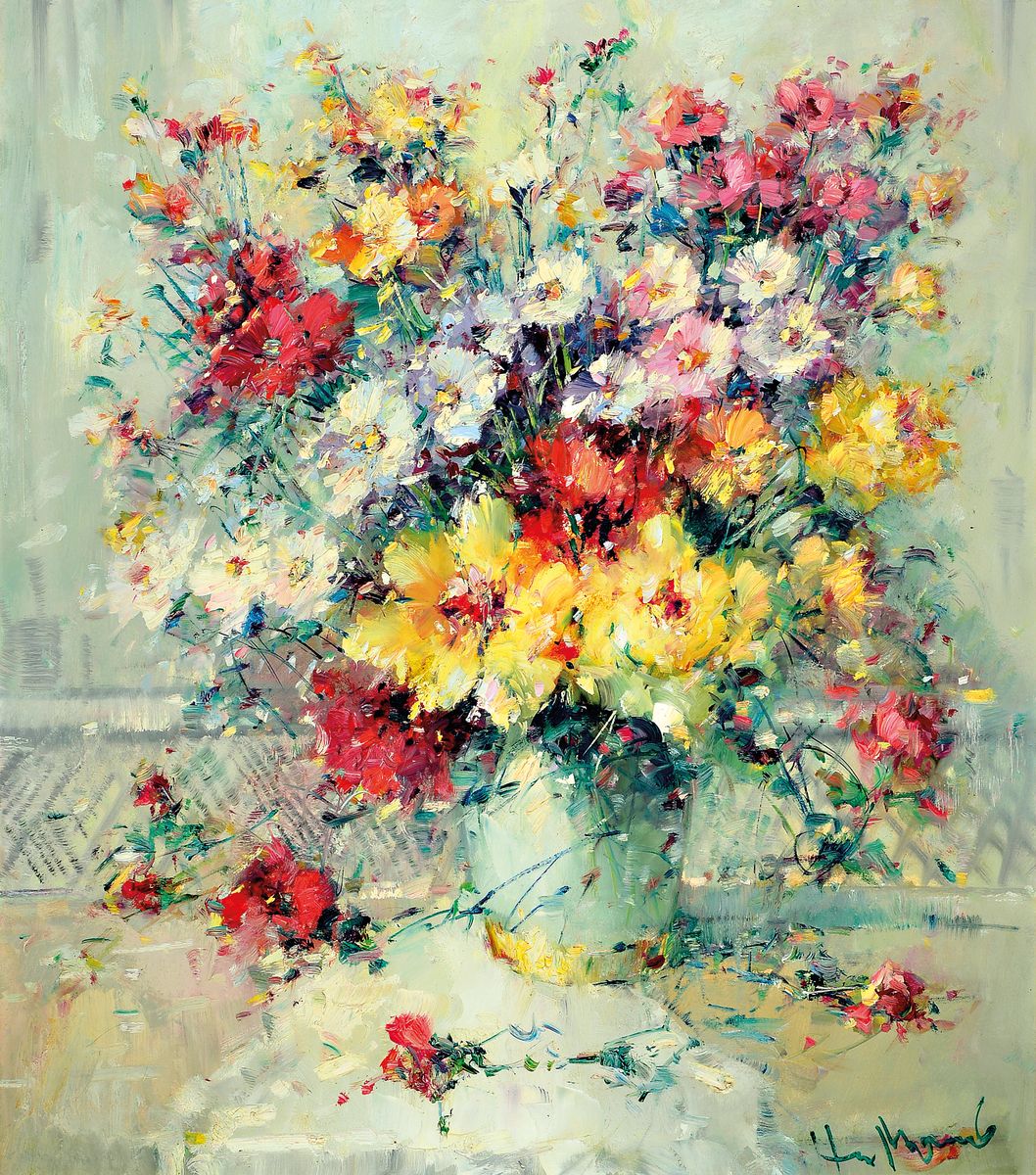 Paul Morro (Infried Paul Henze-Morro), 1925 Leipzig-2013, Studium an den Akademien Leipzig und München, hier: Blumenstillleben, Öl/Lwd, rechts ...