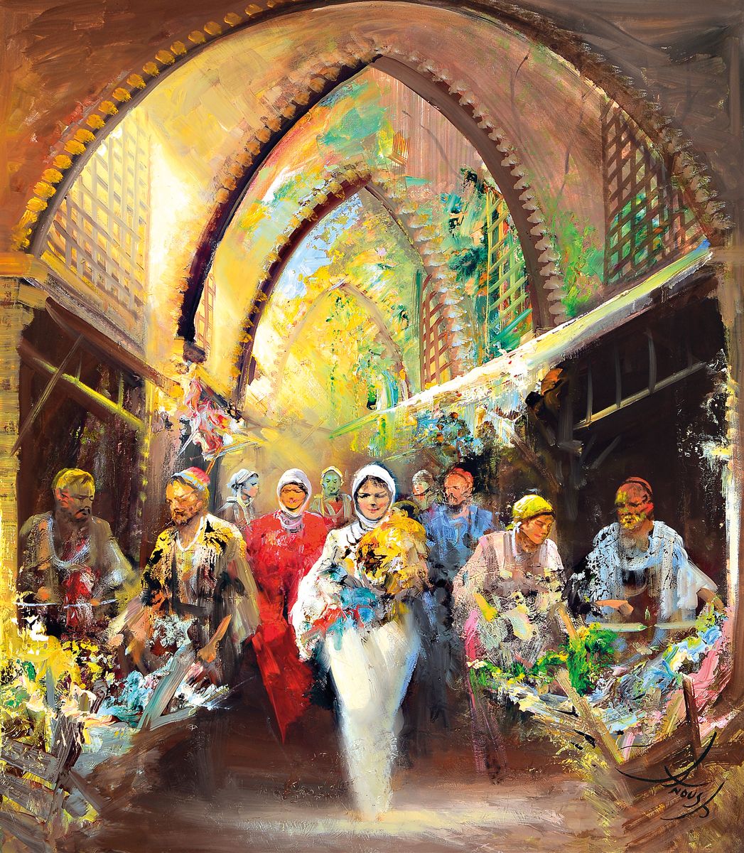 Anoush Rhanarvardkar, 1924 Teheran-1983 München, hier: Menschen im Basar, Öl/Lwd, rechts unten signiert, ca. 80x70cm, R. ca. 93x83cm