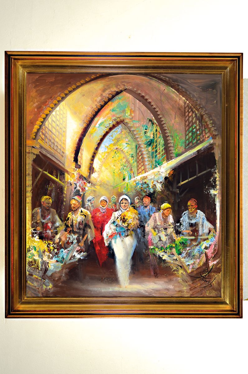 Detail k: Anoush Rhanarvardkar, 1924 Teheran-1983 München, hier: Menschen im Basar, Öl/Lwd, rechts unten signiert, ca. 80x70cm, R. ca. 93x83cm