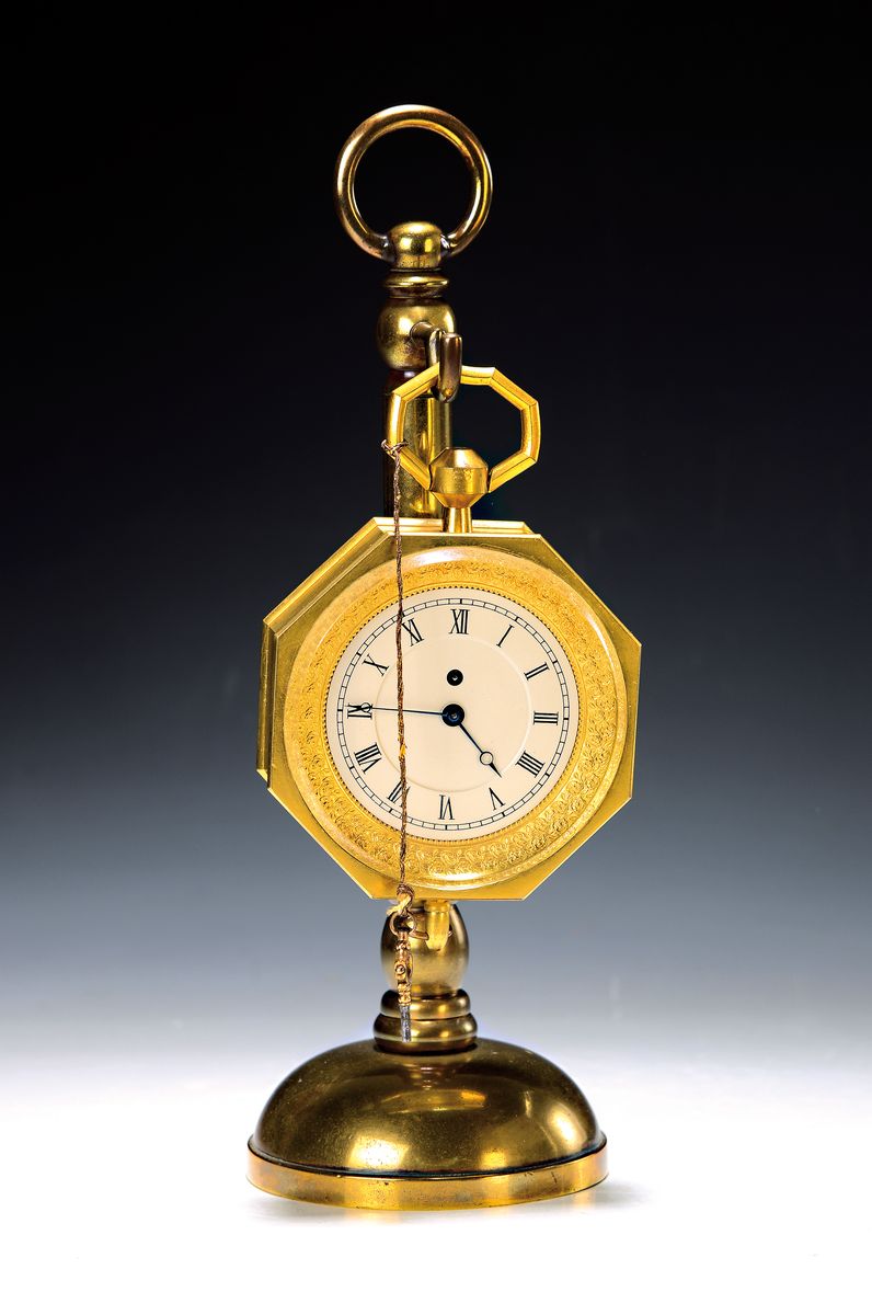 Kutschenuhr - Reiseuhr, mit Viertelstundenrepetition, Frankreich um 1830/40, oktogenes Messinggehäuse mit alter Vergoldung (teilweise ber.), beide ...