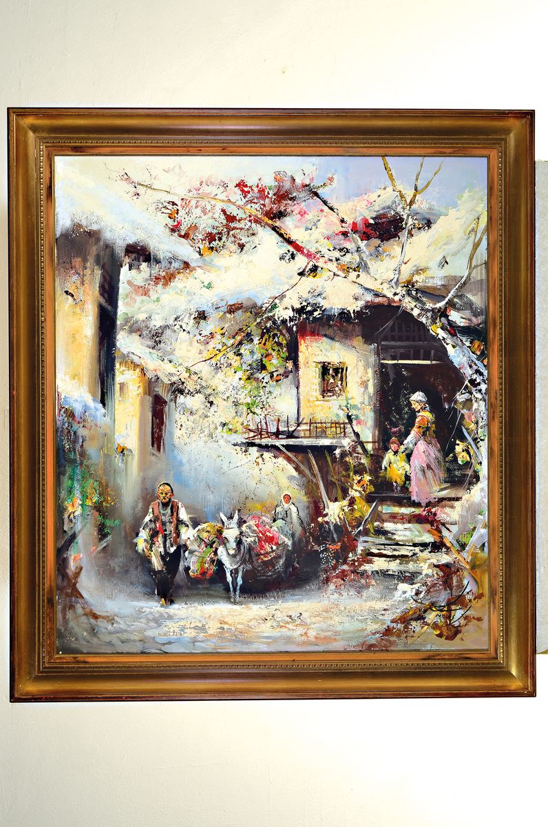 Detail k: Anoush Rhanarvardkar, 1924 Teheran-1983 München, Menschen vor dem Haus, Winter, Öl/Lwd, rechts unten signiert, ca. 80x70cm, R.ca. 92x82cm