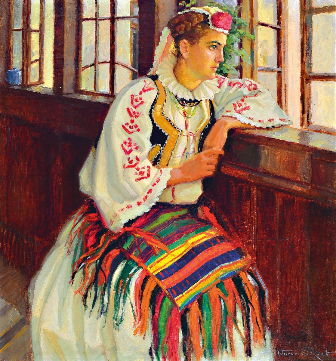 Eugen von Warun-Sekret, 1896 Michalowka/Ukraine-1963 Frankfurt, Junge Frau in Tracht versonnen aus dem Fenster blickend, Öl/Lwd, rechts unten ...