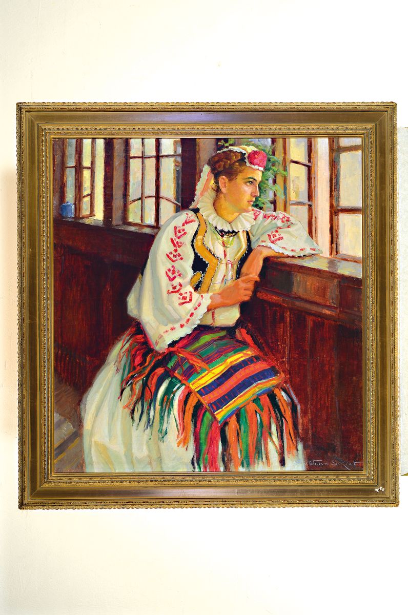 Detail k: Eugen von Warun-Sekret, 1896 Michalowka/Ukraine-1963 Frankfurt, Junge Frau in Tracht versonnen aus dem Fenster blickend, Öl/Lwd, rechts unten ...