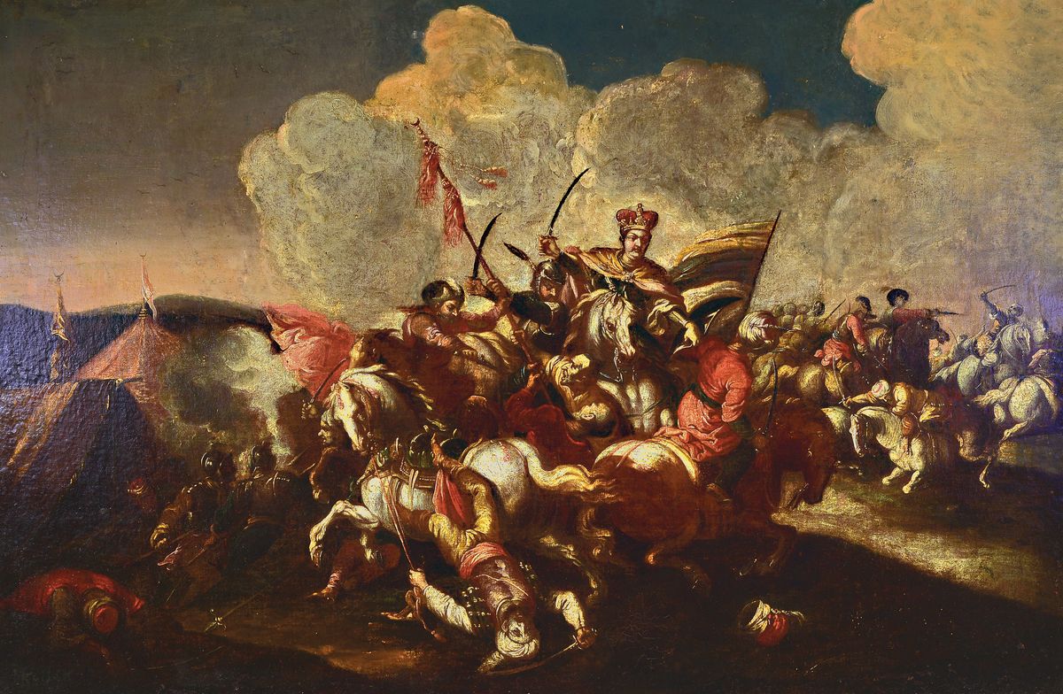Leon Robert Kossak, 1815-1877, vielfigurige Szene einer Schlacht von berittenen Soldaten, angeführt vom König, Öl/Lwd, restauriert, doubliert, ...