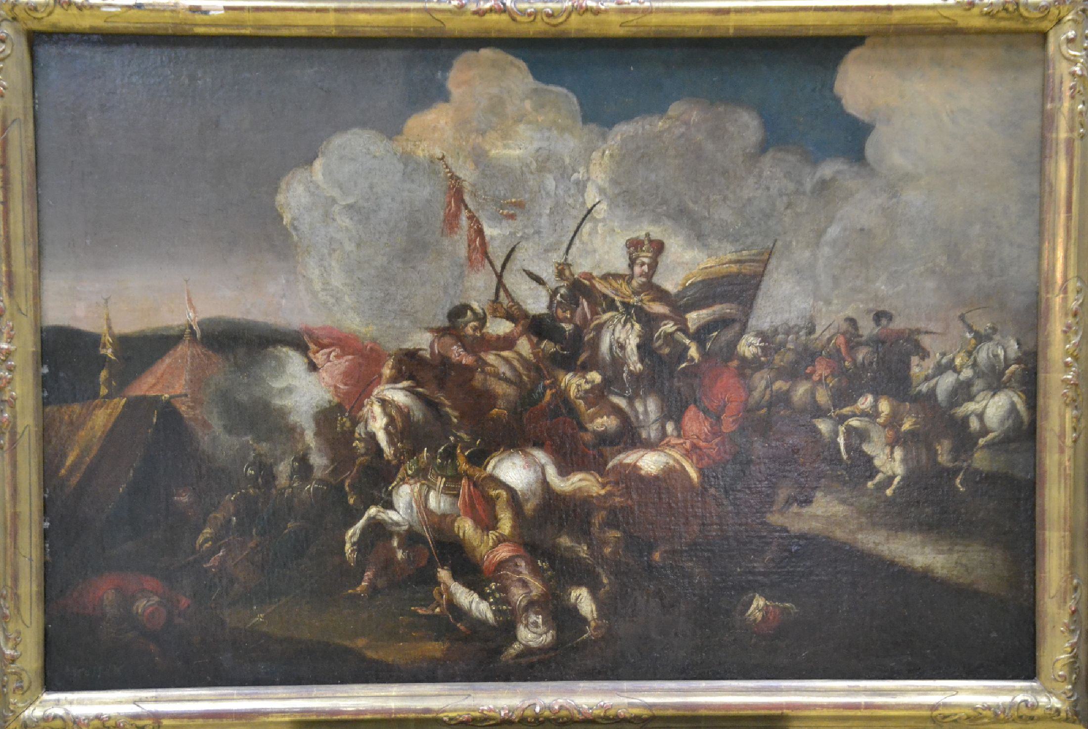 Detail b: Leon Robert Kossak, 1815-1877, vielfigurige Szene einer Schlacht von berittenen Soldaten, angeführt vom König, Öl/Lwd, restauriert, doubliert, ...