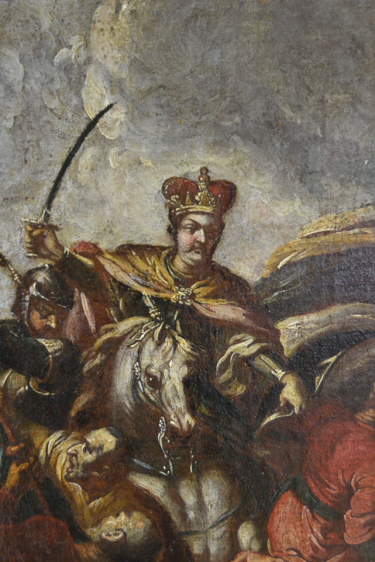 Detail d: Leon Robert Kossak, 1815-1877, vielfigurige Szene einer Schlacht von berittenen Soldaten, angeführt vom König, Öl/Lwd, restauriert, doubliert, ...