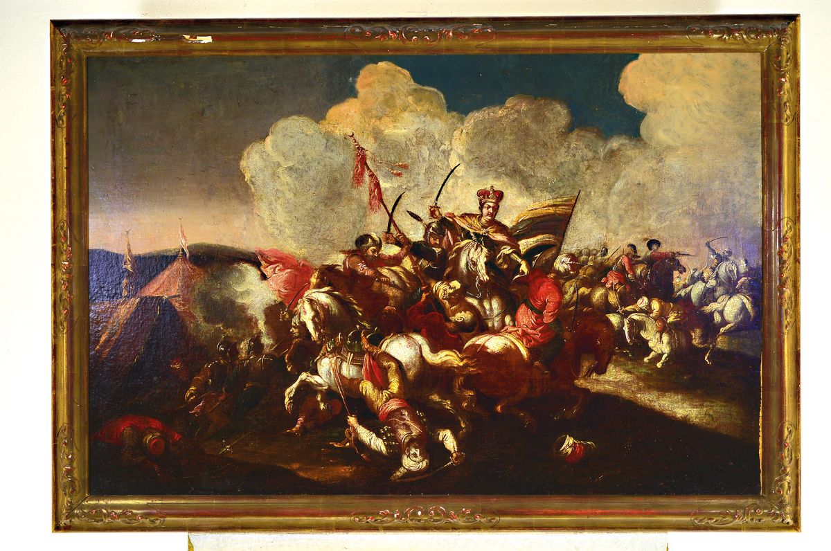 Detail k: Leon Robert Kossak, 1815-1877, vielfigurige Szene einer Schlacht von berittenen Soldaten, angeführt vom König, Öl/Lwd, restauriert, doubliert, ...