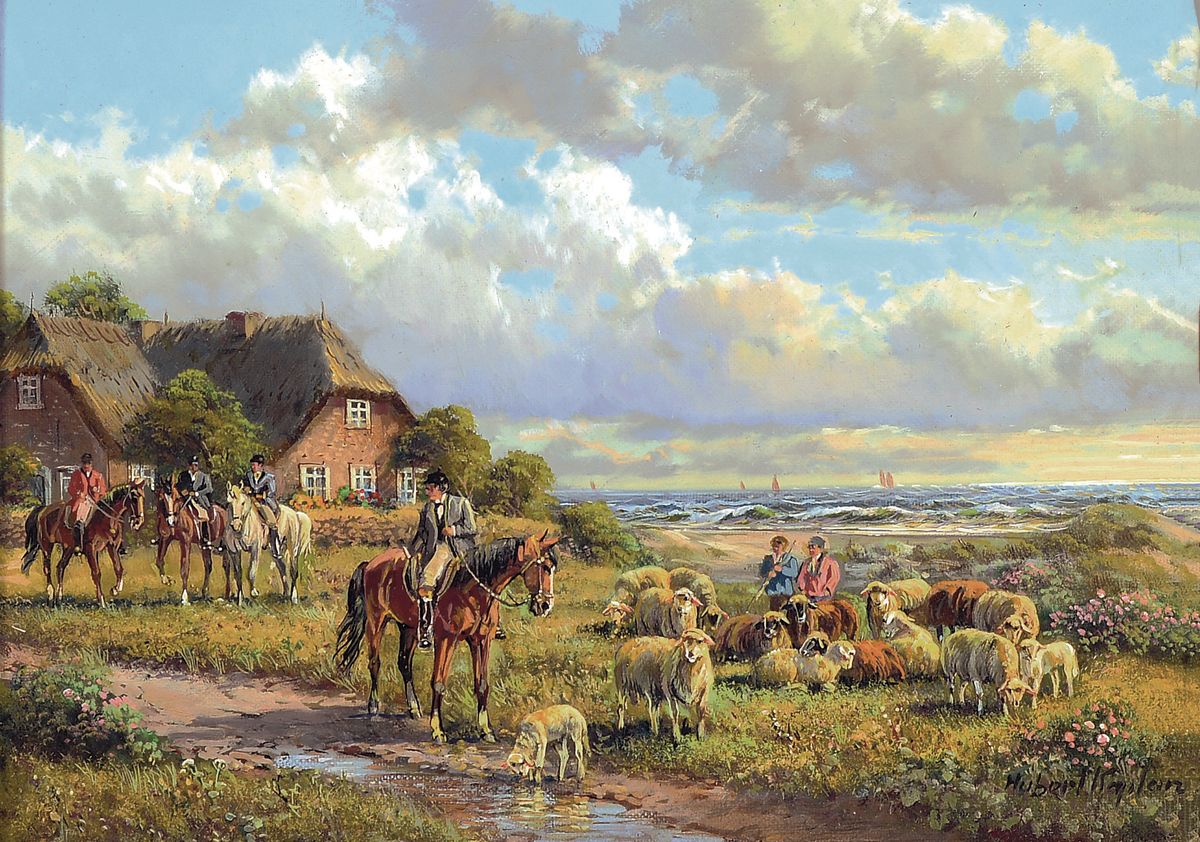 Hubert Kaplan, geb. 1940, norddeutsche Küstenlandschaft mit Reitern und Schäfergruppe, rechts unten signiert, Öl/Holzplatte, verso Inventarnr., ...
