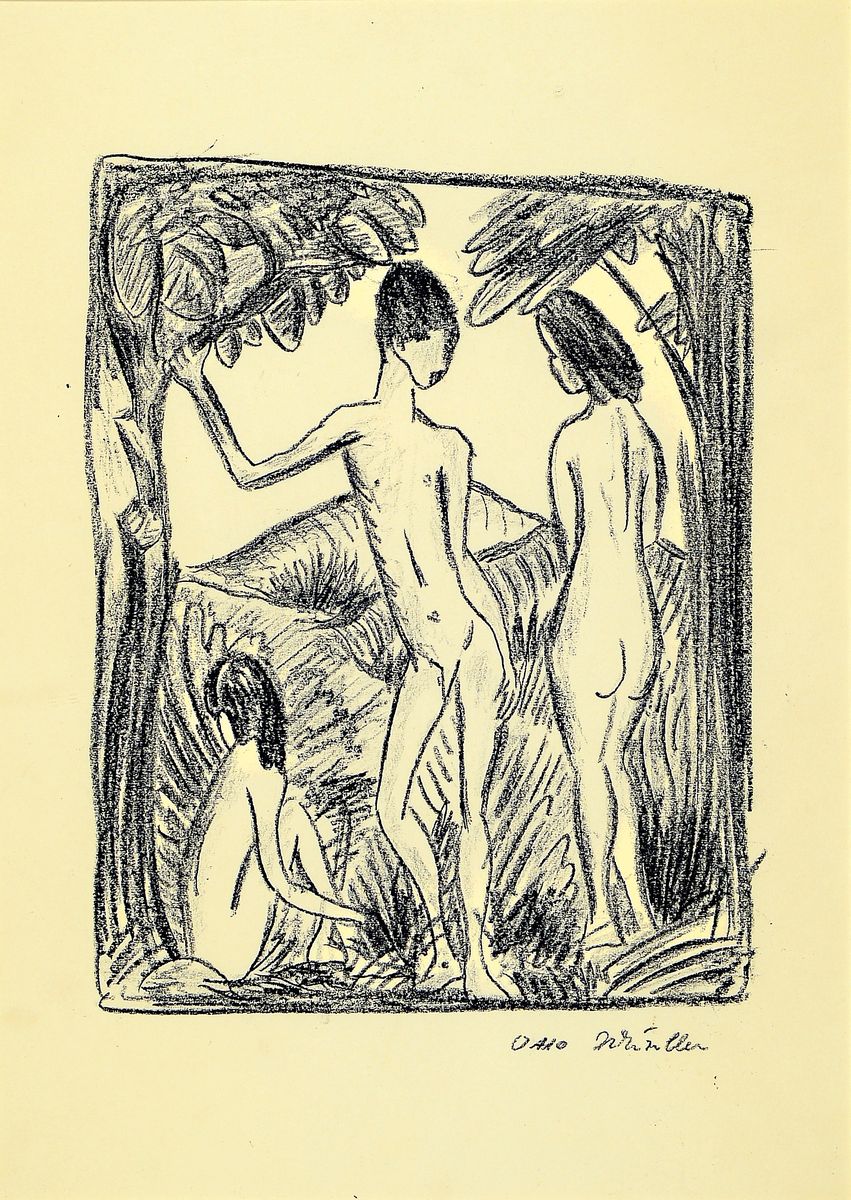 Otto Müller, 1874 Liebau - 1930 Obernigk, Lithographie, Stehender Knabe und zwei Mädchen (1917), drucksigniert, unter Glas gerahmt, 51x41 cm