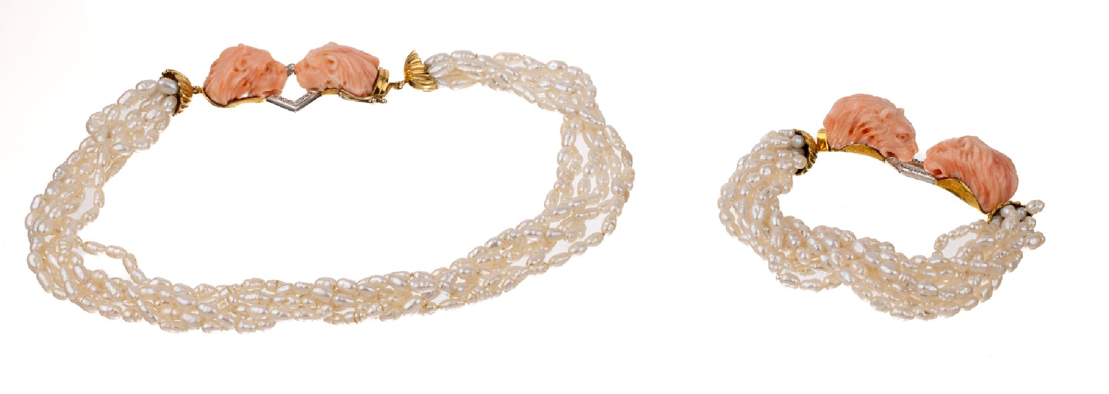18 kt Gold Perl-Korallen-Diamant-Schmuckset, GG/WG 750/000, best. aus: 1 Collier und 1 Armband, 6 bzw. 9 Stränge mit barocken ...