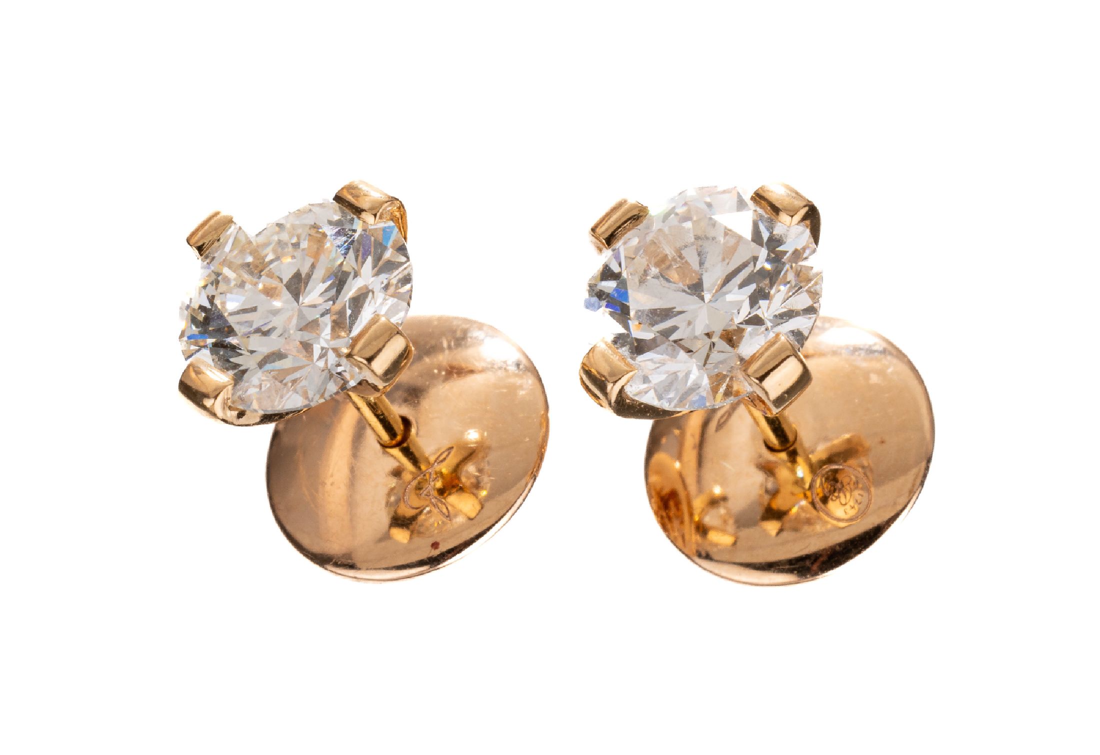 Paar 18 kt Gold Brillant-Ohrstecker, RoseG 750/000, 2 Brillanten zus. ca. 3.00 ct Weiß(H)/vs