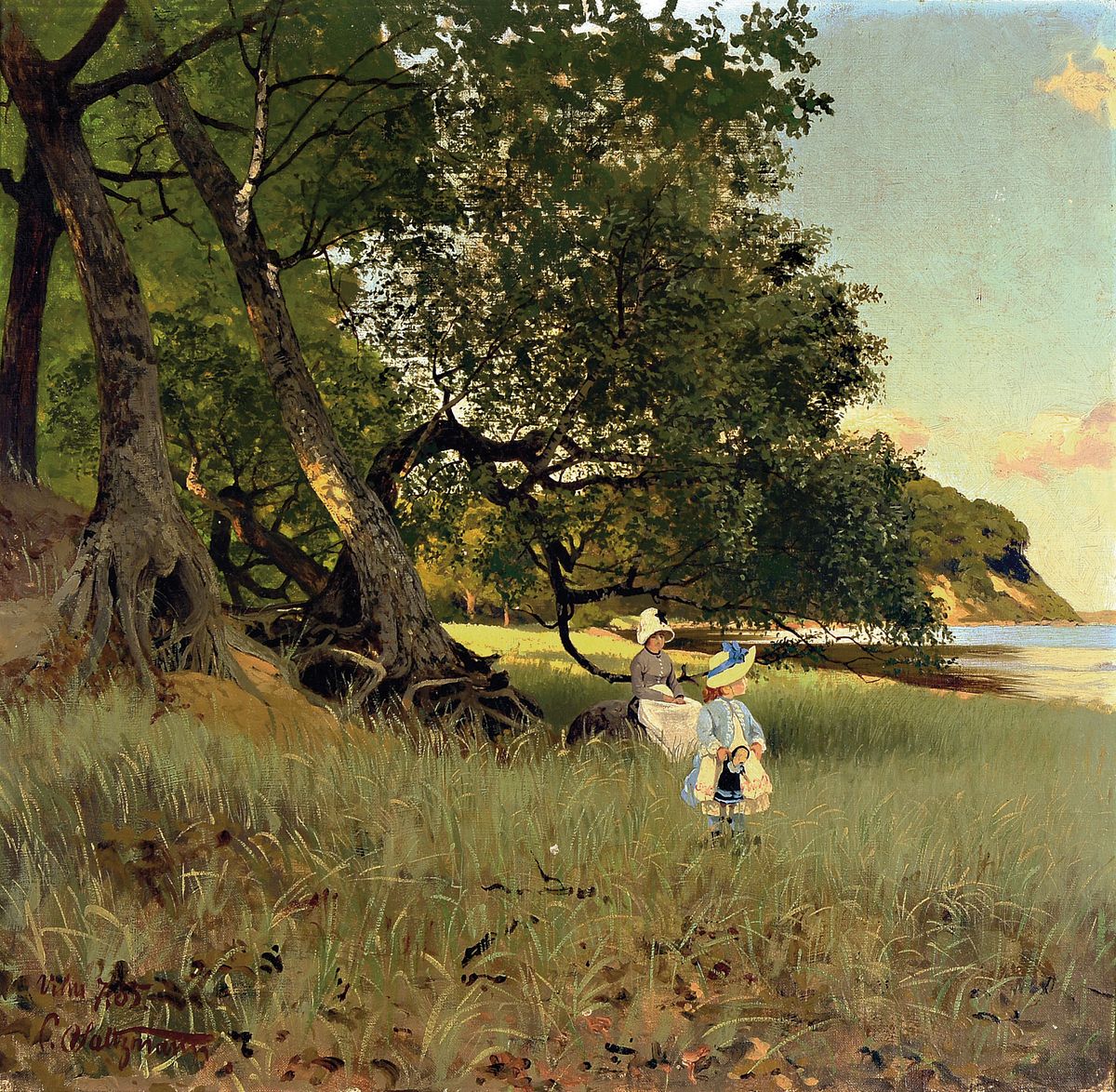 Carl Saltzmann, 1847 Berlin-1923 Potsdam, Ostseelandschaft mit sonntäglich gekleideter Mutter und Tochter, Öl/Lwd, signiert, ca. 58 x60 cm, Rahmen ...