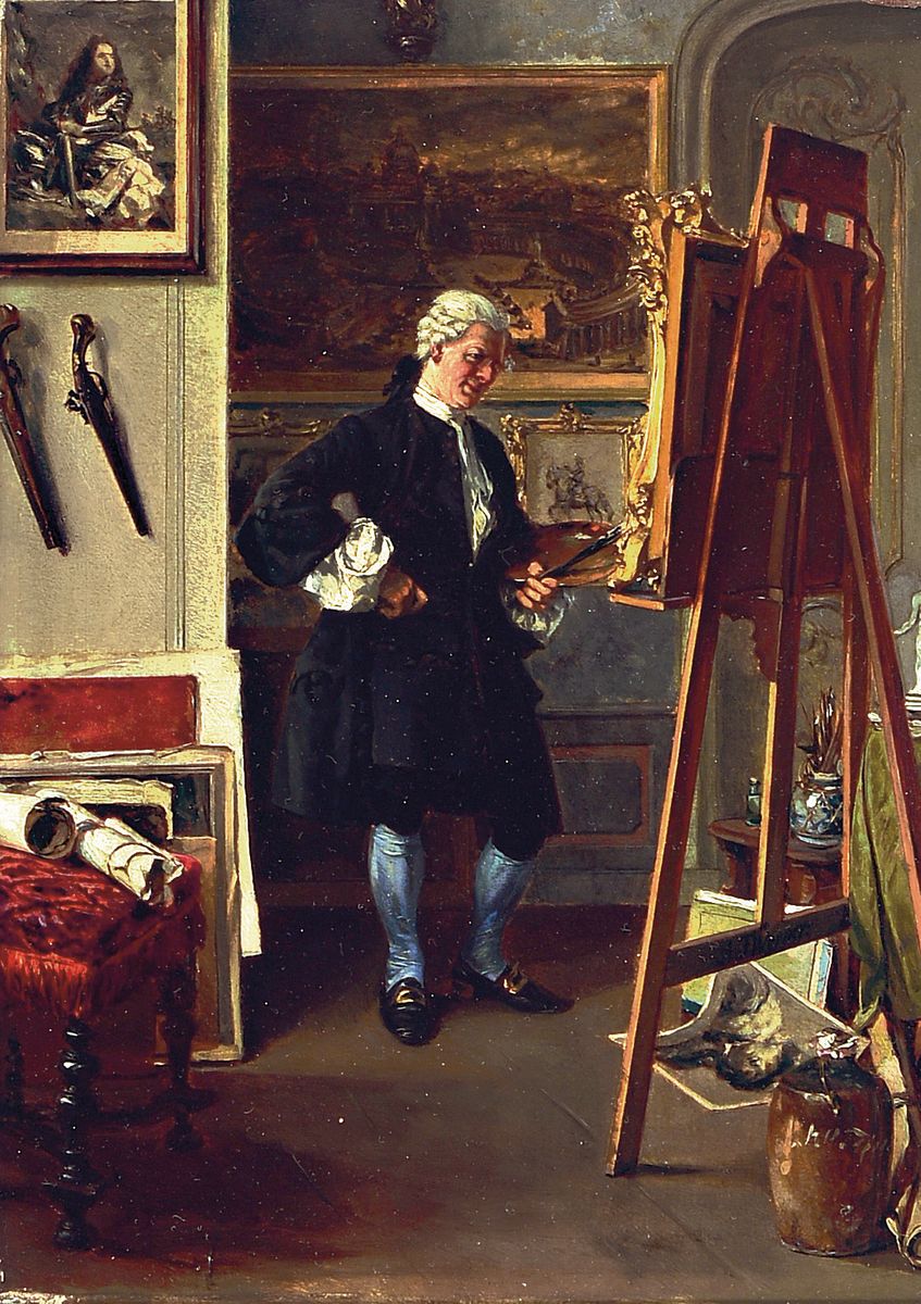 Monogrammist, um 1870/80, der Maler im Atelier, detailfreudige Schilderung der Gegenstände im Atelier, Öl/Mahagoniplatte, im Krug unleserlich ...