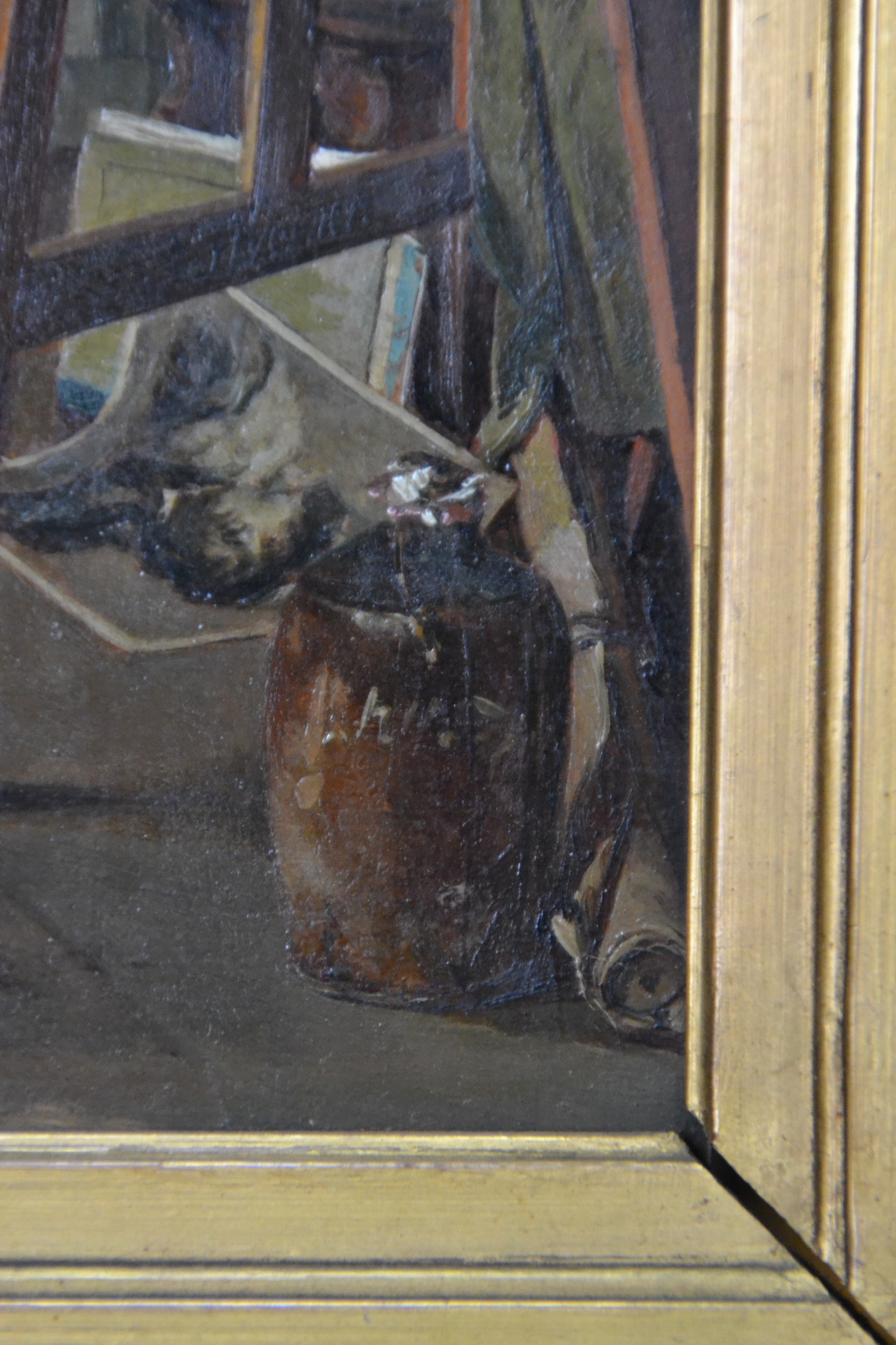 Detail a: Monogrammist, um 1870/80, der Maler im Atelier, detailfreudige Schilderung der Gegenstände im Atelier, Öl/Mahagoniplatte, im Krug unleserlich ...
