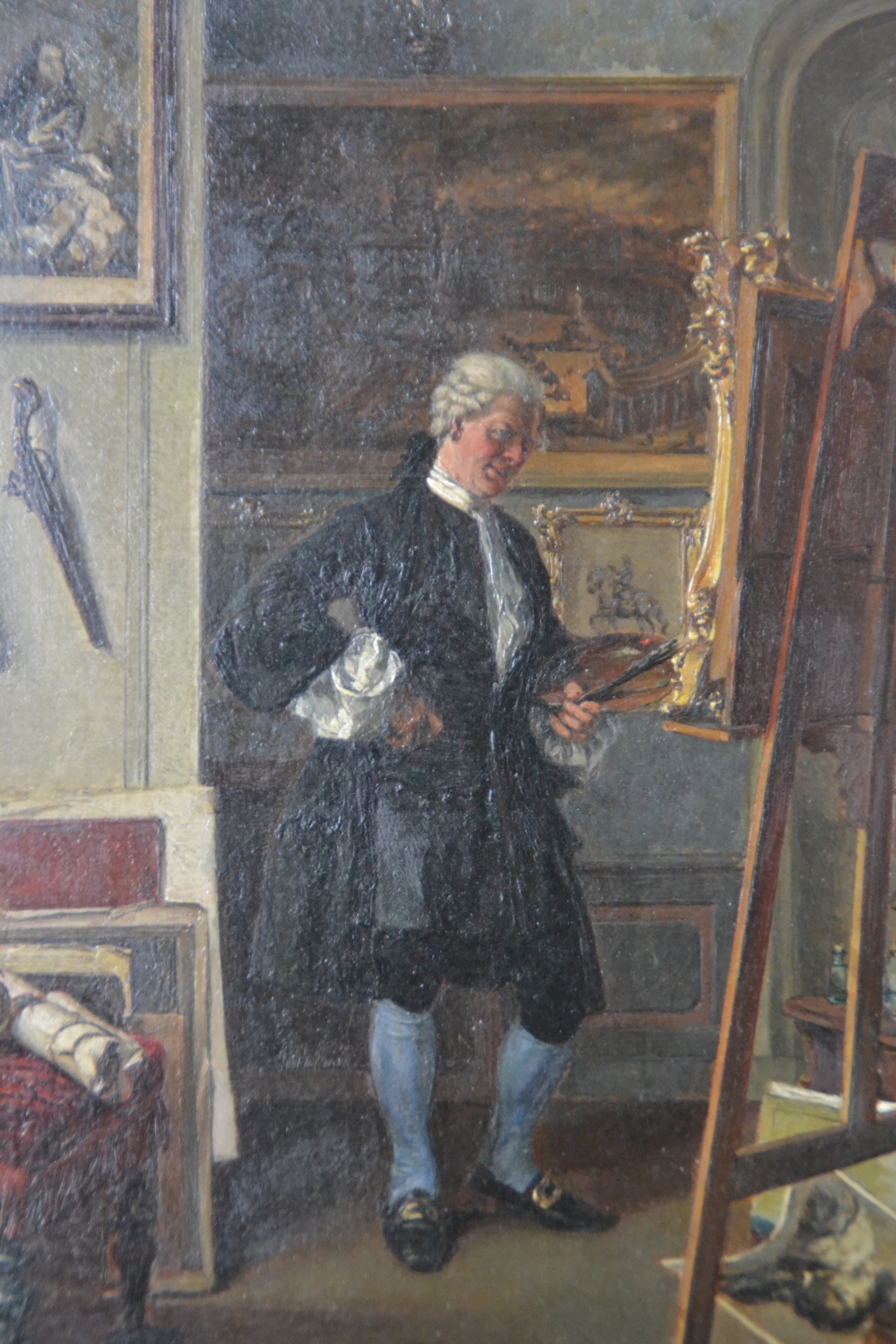 Detail b: Monogrammist, um 1870/80, der Maler im Atelier, detailfreudige Schilderung der Gegenstände im Atelier, Öl/Mahagoniplatte, im Krug unleserlich ...