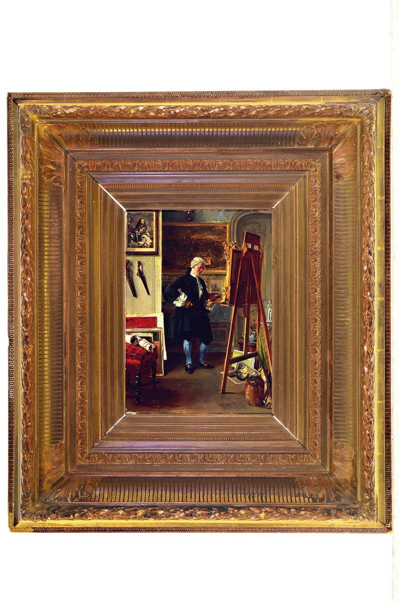 Detail k: Monogrammist, um 1870/80, der Maler im Atelier, detailfreudige Schilderung der Gegenstände im Atelier, Öl/Mahagoniplatte, im Krug unleserlich ...