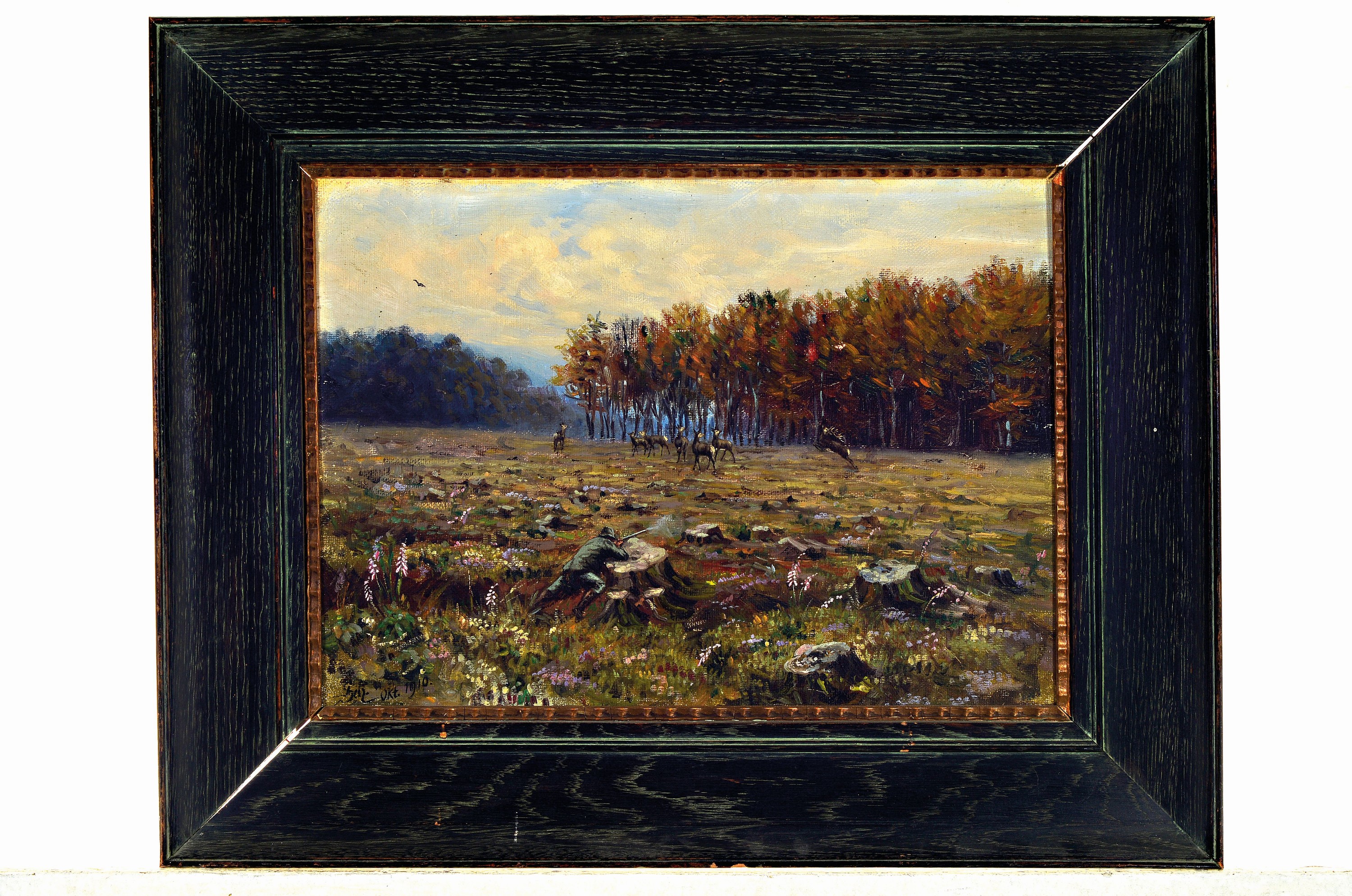 Detail k: Seh., datiert 1910, Jagddarstellung, Öl/Lwd, signiert, Darstellung des Jägers direkt bei der Abgabe des Schusses, verschmutzt, ca. 32 x 44 cm, ...