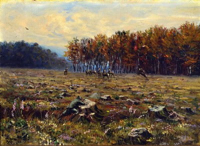 Image 26726203 - See., dated 1910, hunting depiction, oil/canvas, signed, depiction of the hunter directly firing the shot, dirty, approx. 32 x 44 cm, frame 48 x 60 cm