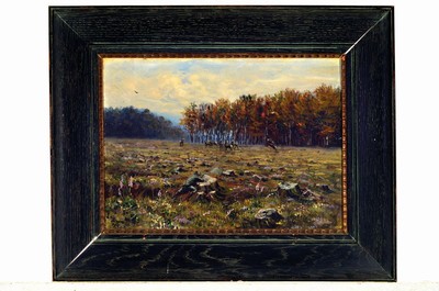 26726203k - See., dated 1910, hunting depiction, oil/canvas, signed, depiction of the hunter directly firing the shot, dirty, approx. 32 x 44 cm, frame 48 x 60 cm