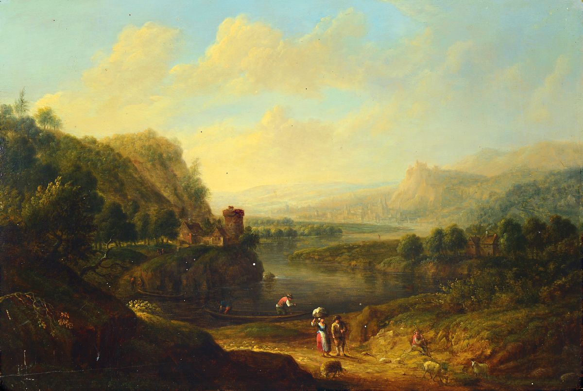 Jan Griffier, um 1645/56 - 1718 London, detailfreudige Flußlandschaft, wohl Rheinlauf mit flankierenden Burgen, vordergründige Figurenstaffage mit ...