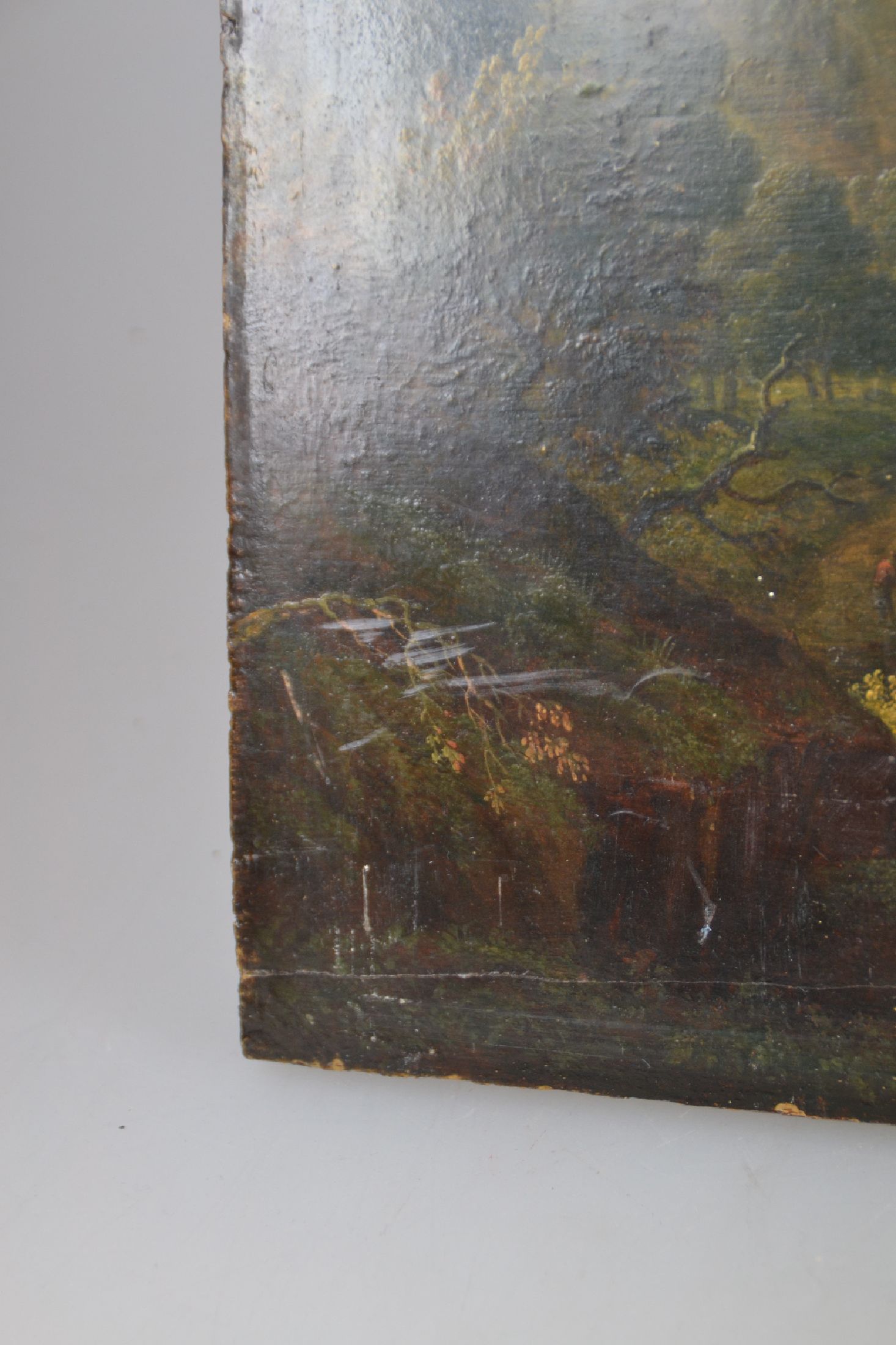 Detail b: Jan Griffier, um 1645/56 - 1718 London, detailfreudige Flußlandschaft, wohl Rheinlauf mit flankierenden Burgen, vordergründige Figurenstaffage mit ...