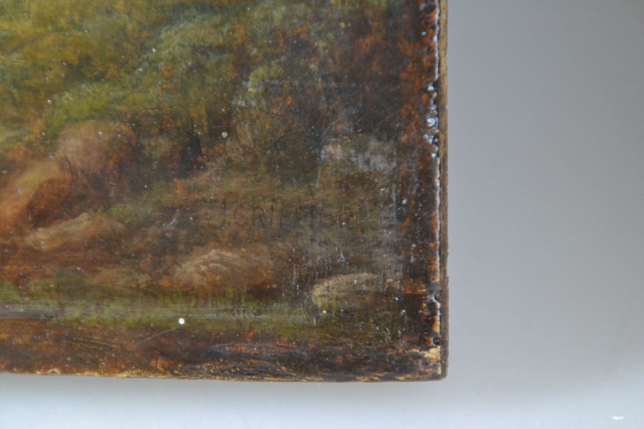 Detail c: Jan Griffier, um 1645/56 - 1718 London, detailfreudige Flußlandschaft, wohl Rheinlauf mit flankierenden Burgen, vordergründige Figurenstaffage mit ...