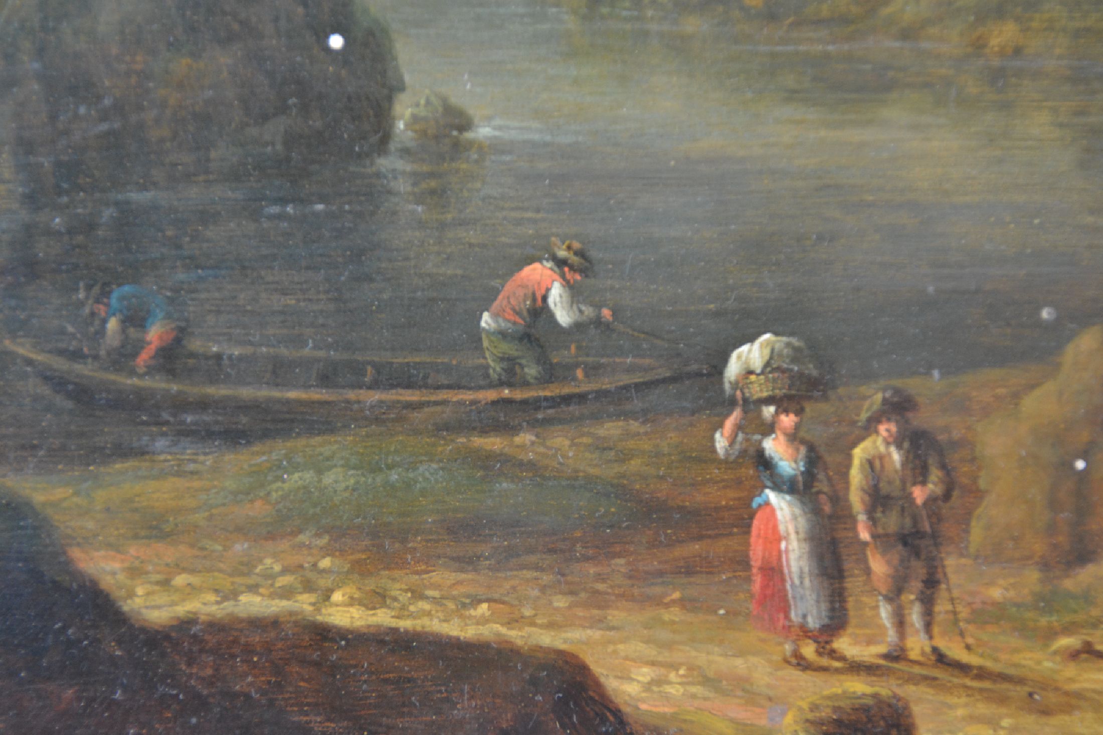 Detail d: Jan Griffier, um 1645/56 - 1718 London, detailfreudige Flußlandschaft, wohl Rheinlauf mit flankierenden Burgen, vordergründige Figurenstaffage mit ...