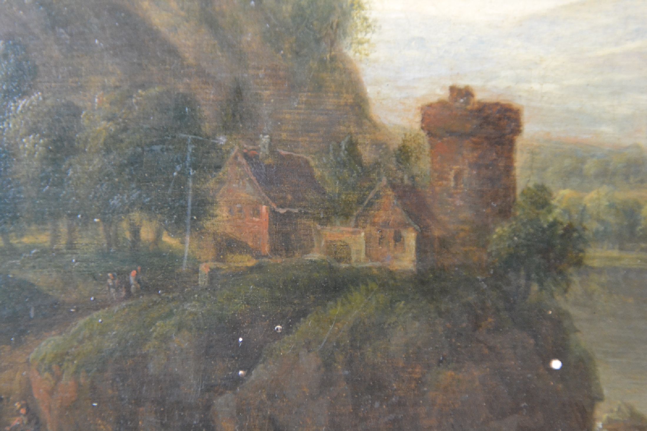 Detail e: Jan Griffier, um 1645/56 - 1718 London, detailfreudige Flußlandschaft, wohl Rheinlauf mit flankierenden Burgen, vordergründige Figurenstaffage mit ...