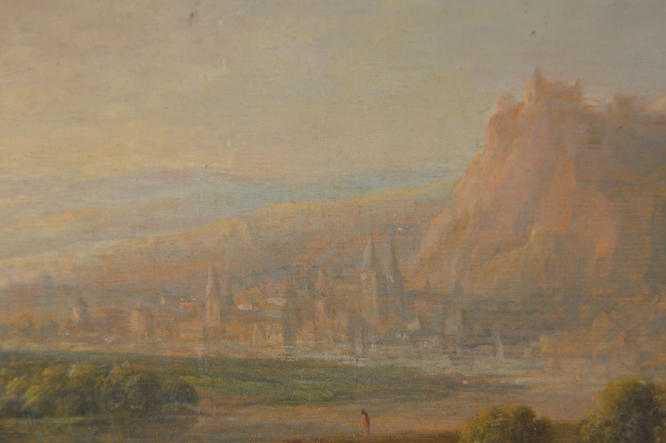 Detail f: Jan Griffier, um 1645/56 - 1718 London, detailfreudige Flußlandschaft, wohl Rheinlauf mit flankierenden Burgen, vordergründige Figurenstaffage mit ...