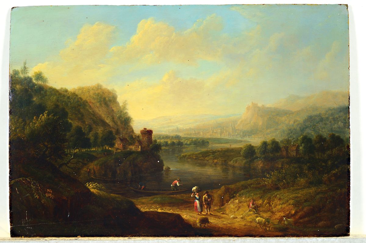 Detail k: Jan Griffier, um 1645/56 - 1718 London, detailfreudige Flußlandschaft, wohl Rheinlauf mit flankierenden Burgen, vordergründige Figurenstaffage mit ...