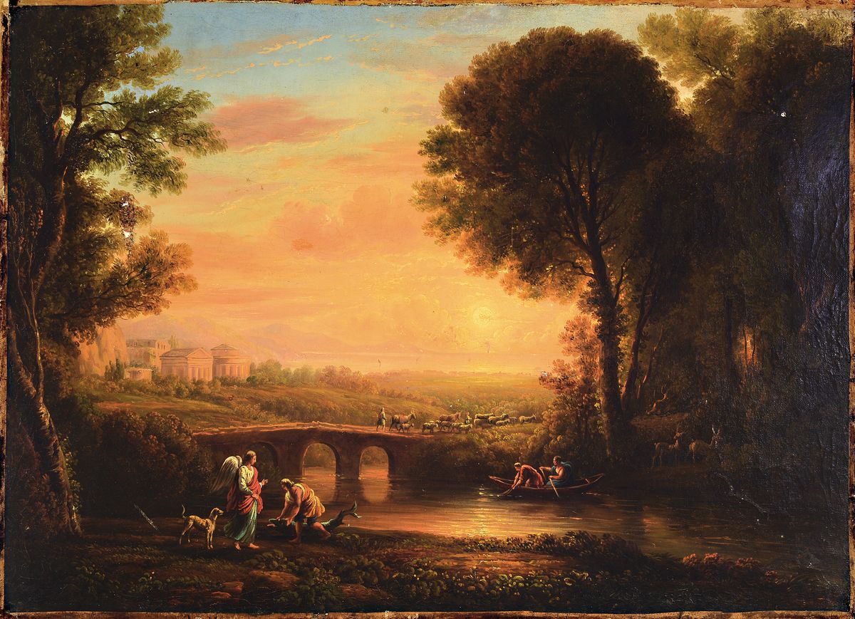 Kopist nach Claude Lorrain (1600-1682) Landschaft mit Tobias und dem Engel, frühes 19.Jh., gelungene Kopie nach dem Vorbild Lorrains von 1663 (heute ...