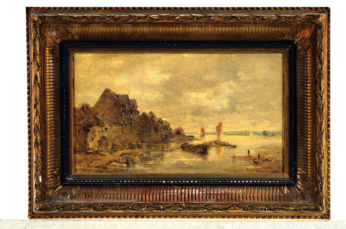 Detail k: Anton Burger, 1824 Frankfurt am Main-1905 Kronberg, Bauernhäuser am Main, rechts Blick über die Ebene, Figurenstaffage, Öl/Lwd , rechts unten ...