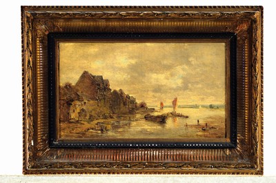 26726511k - Anton Burger, 1824 Frankfurt am Main-1905 Kronberg, farmhouses on the Main, right view over the plain, figure staffage, oil/canvas, signed lower right and dated 1878, 23x36 cm, frame minor dam. 35x50cm; Studies at the Städel Art Institute, student of August Weber in Düsseldorf, co-founder of the Kronberger painter's colony