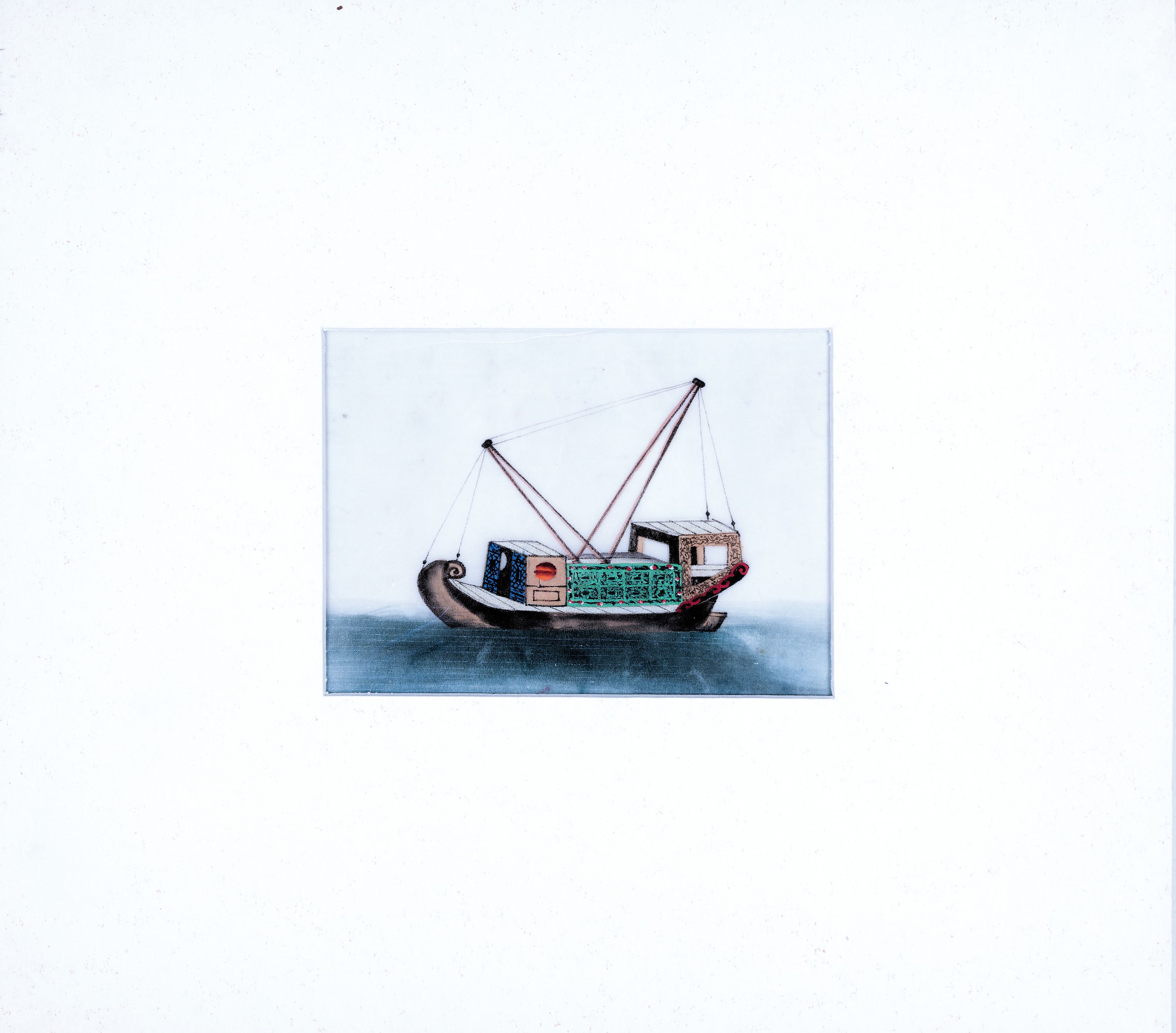 Detail f: 11 Reispapiermalereien, China, 19. Jh., Gouachen, verschiedene Dschunken und Schiffe, feine Darstellungen, Papier teilweise beschädigt, 6 x grünes ...