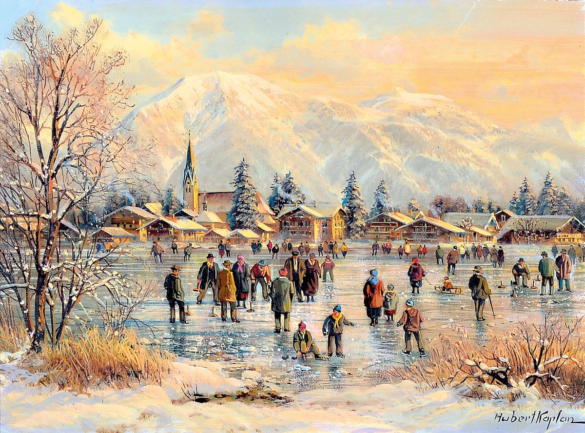 Hubert Kaplan, geb. 1940 München, Winterlandschaft mit reicher Figurenstaffage, wohl Chiemsee oder Tegernsee, rechts unten signiert, Öl/Holzplatte, ...