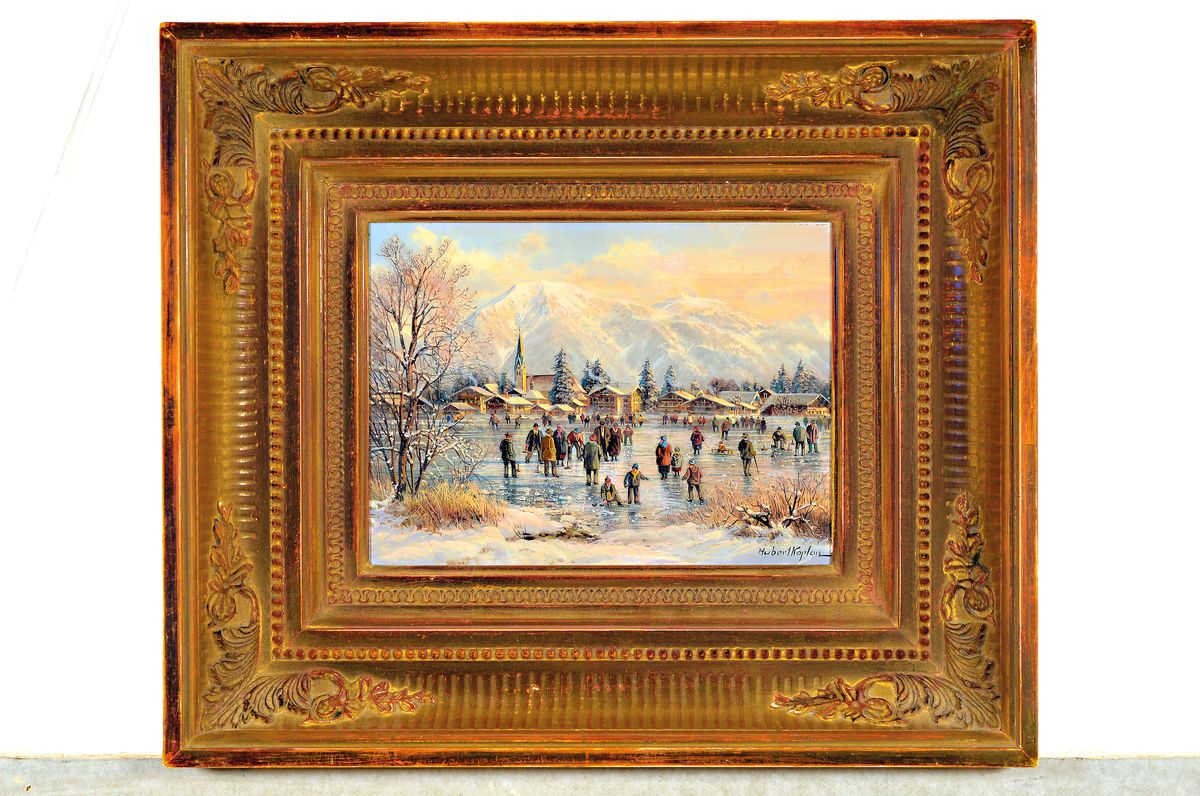 Detail k: Hubert Kaplan, geb. 1940 München, Winterlandschaft mit reicher Figurenstaffage, wohl Chiemsee oder Tegernsee, rechts unten signiert, Öl/Holzplatte, ...