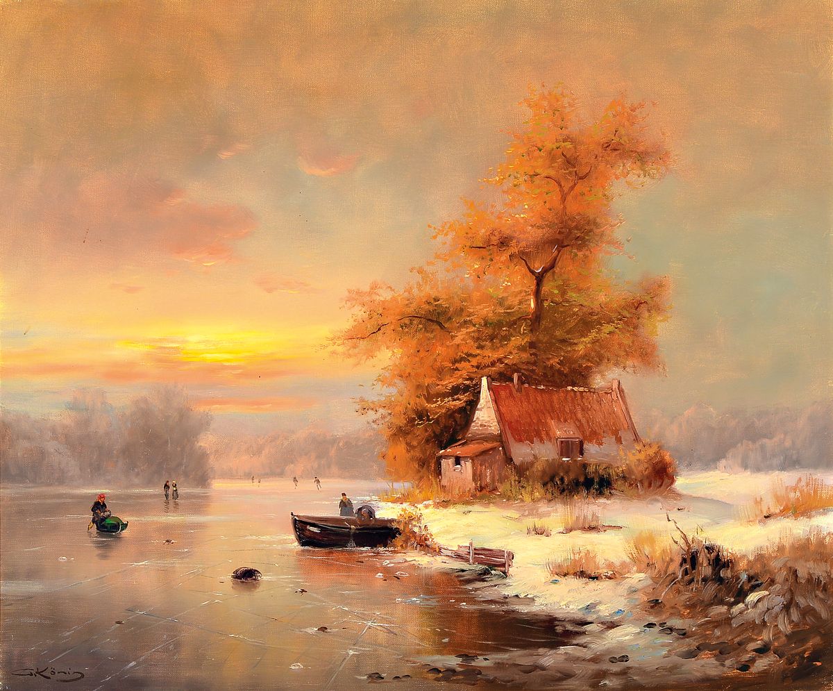 Günter König, 1926 Trier-2007, Winterlandschaft mit Eisvergnügen, links untensigniert, Öl/Lwd, 50x60 cm, Rahmen 72x82 cm