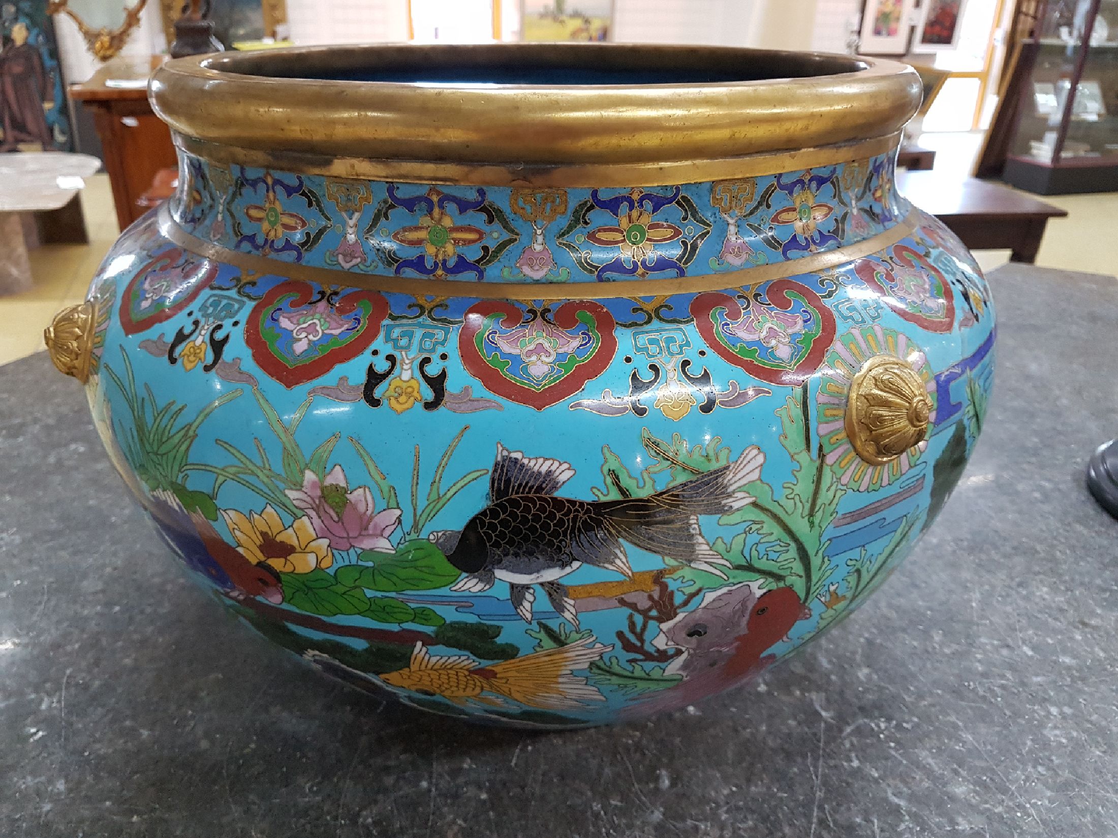Detail a: Großer Fischtopf, China, um 1900/20, Cloisonne, türkisblauer Grund, vier stilisierte Bronze-Handhaben, flächendeckender Dekor mit Fischen und ...