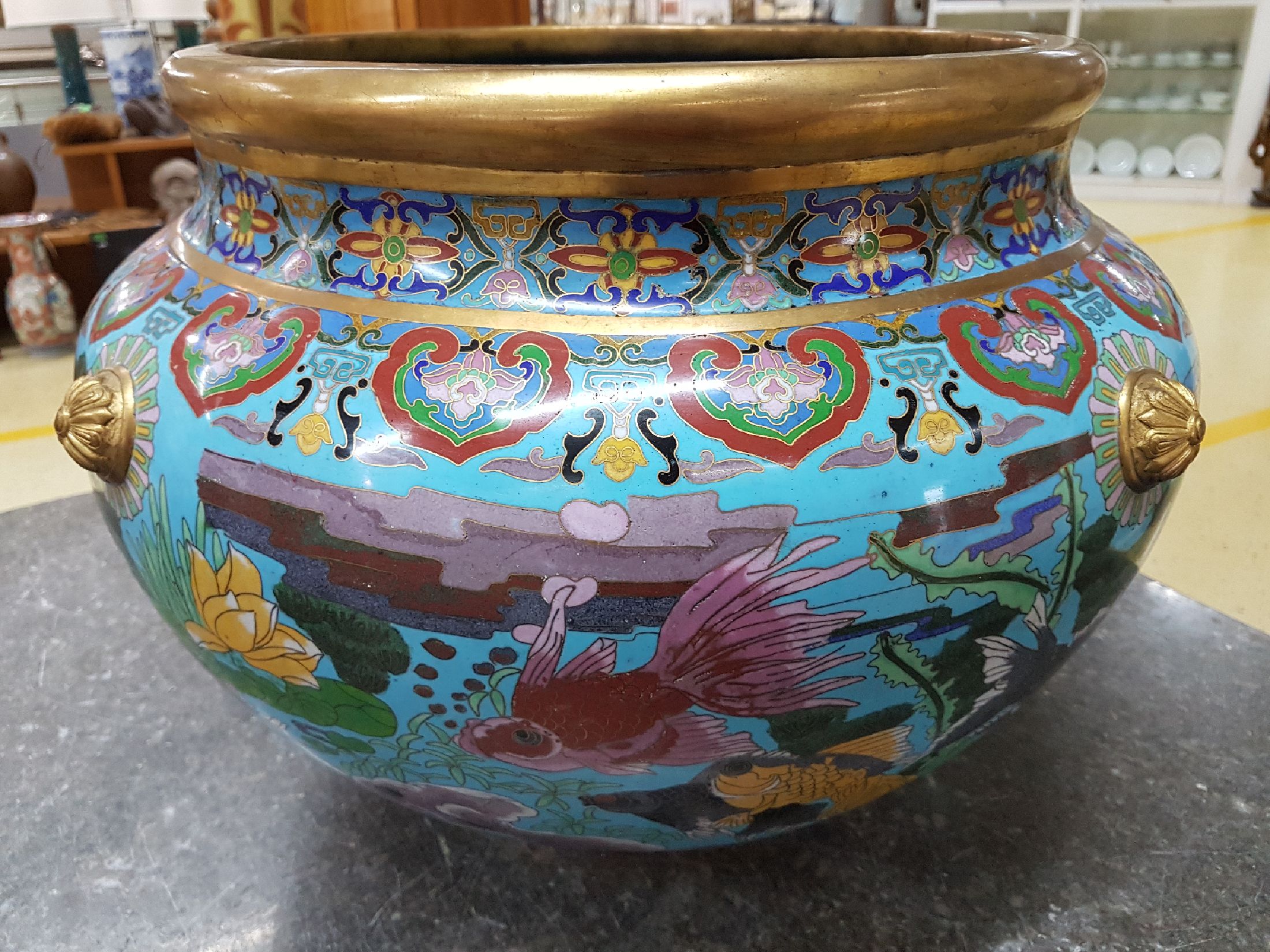 Detail c: Großer Fischtopf, China, um 1900/20, Cloisonne, türkisblauer Grund, vier stilisierte Bronze-Handhaben, flächendeckender Dekor mit Fischen und ...
