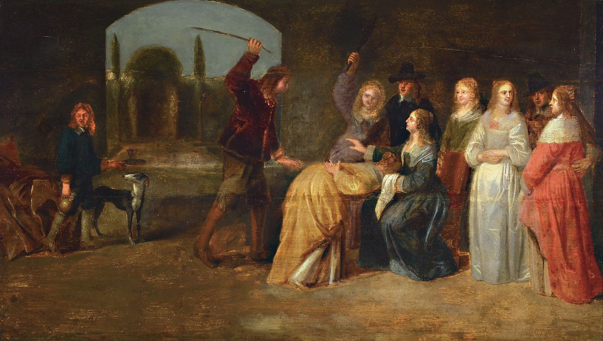 Unbekannter Künstler Ende des 18.Jh., höfische Gesellschaft, Darstellung wohl der Glück und Gesundheit bringenden Tradition des ...