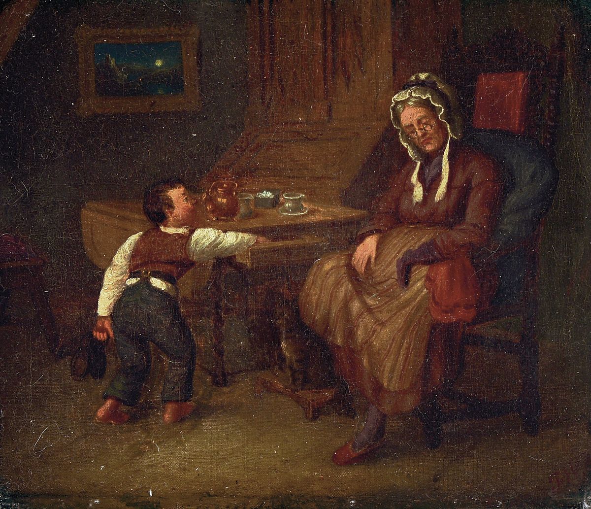 Monogrammist des 18./19. Jh., Die betrogene Großmutter, Interieur mit Knaben eine schlafende Frau bestehlend, Öl/Lwd, restauriert, monogrammiert ...