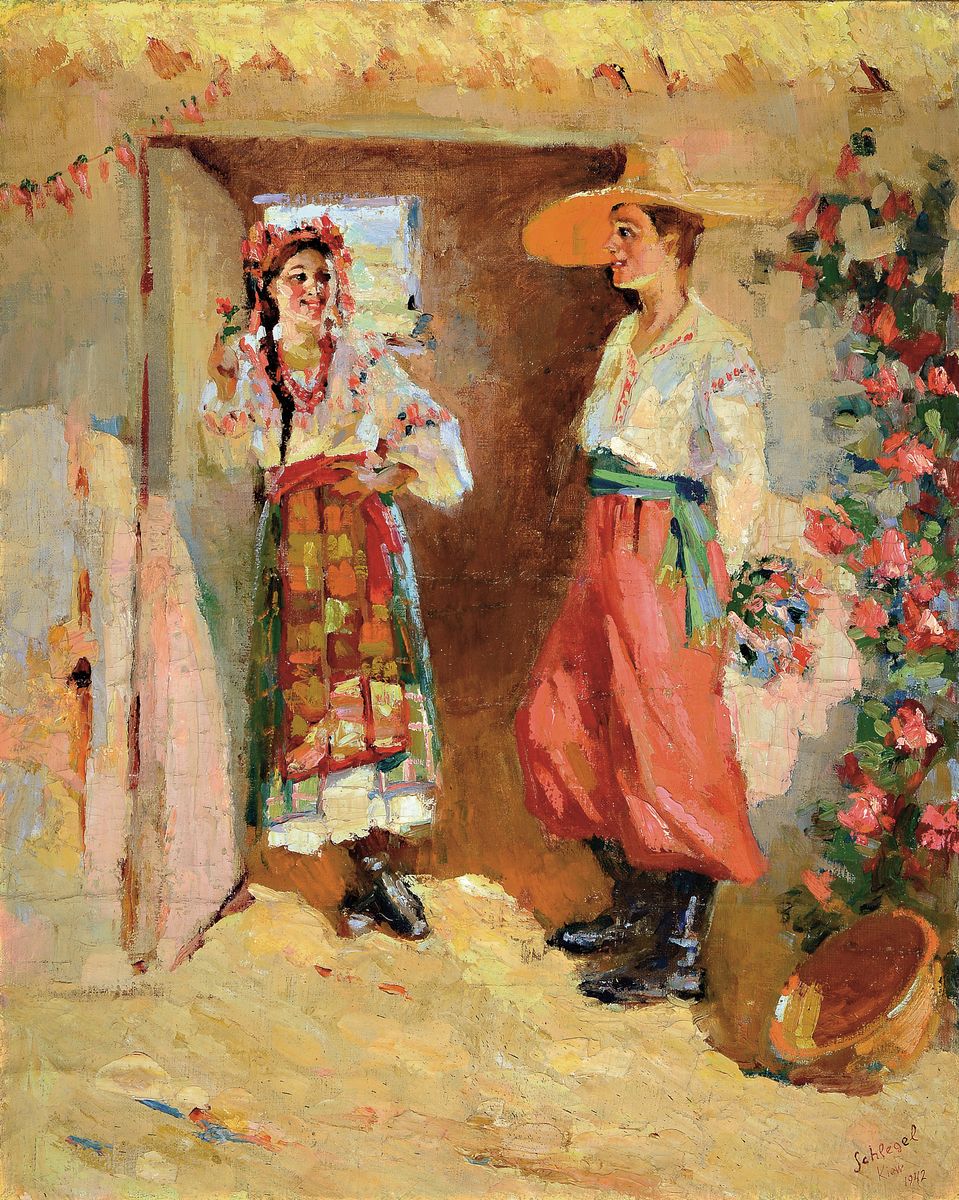 Schlegel, ukrainischer Maler des 20.Jh., junges Pärchen in ukrainischer Tracht, rechts unten signiert und datiert Kiev 1942, Öl/Lwd, 94x76 cm, ...