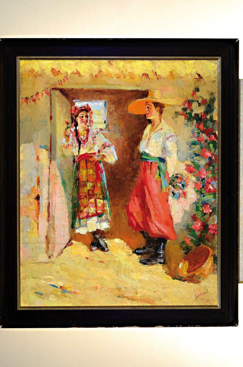 Detail k: Schlegel, ukrainischer Maler des 20.Jh., junges Pärchen in ukrainischer Tracht, rechts unten signiert und datiert Kiev 1942, Öl/Lwd, 94x76 cm, ...
