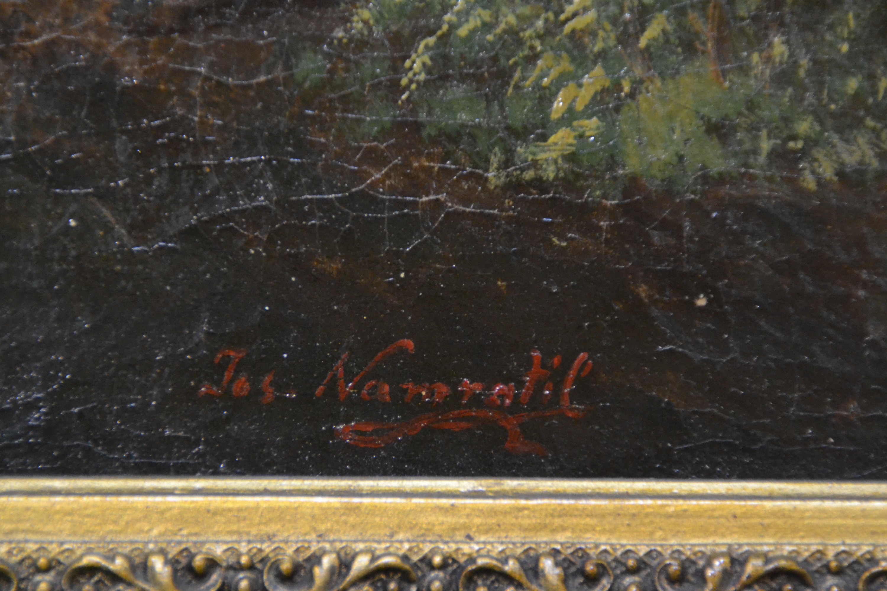 Detail b: Josef Navratil, 1798-1865 Prag, wohl Ansicht von Prag, Blick über die Moldau mit Figurenstaffage, Öl/Lwd, signiert in Rot, mehrfach rest., 74x100 ...