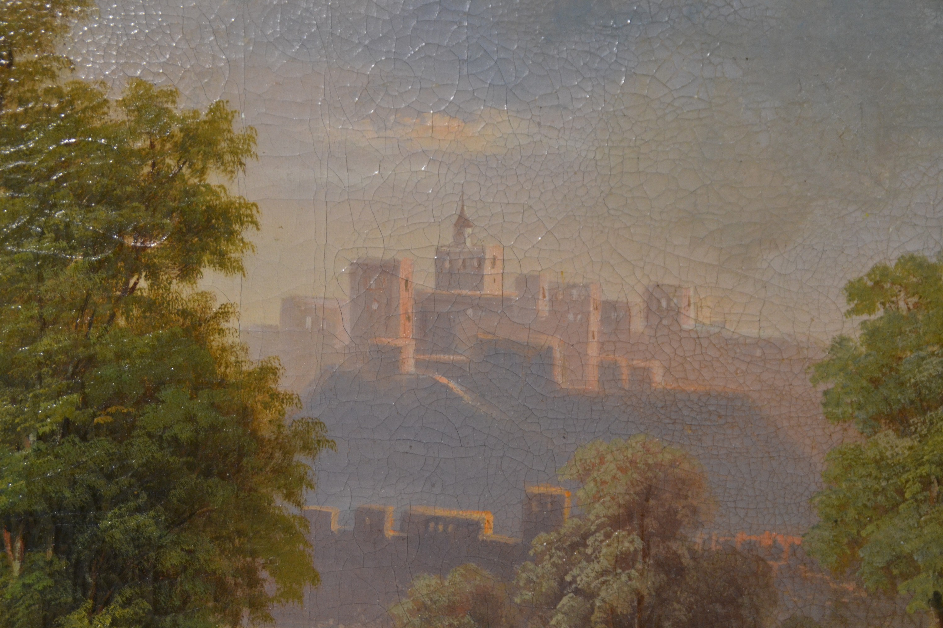 Detail e: Josef Navratil, 1798-1865 Prag, wohl Ansicht von Prag, Blick über die Moldau mit Figurenstaffage, Öl/Lwd, signiert in Rot, mehrfach rest., 74x100 ...