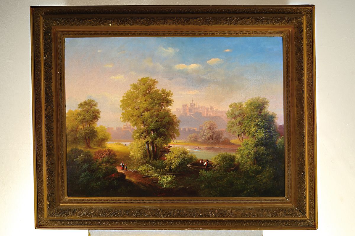 Detail k: Josef Navratil, 1798-1865 Prag, wohl Ansicht von Prag, Blick über die Moldau mit Figurenstaffage, Öl/Lwd, signiert in Rot, mehrfach rest., 74x100 ...