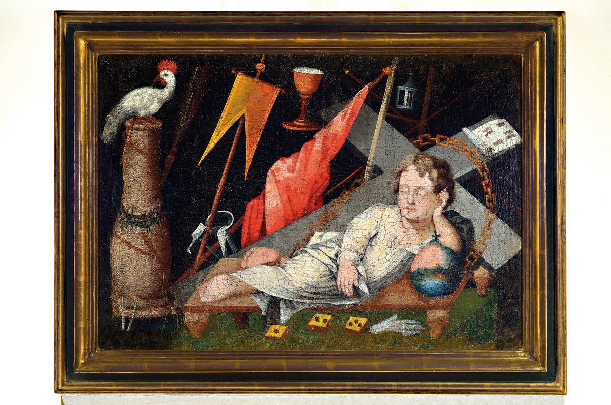 Detail k: Unbekannter Künstler des 18.Jh., schlafendesJesuskind, Vorwegnahme der Passion durch die arma Christi, unsigniert, Öl/Lwd, doubliert und ...
