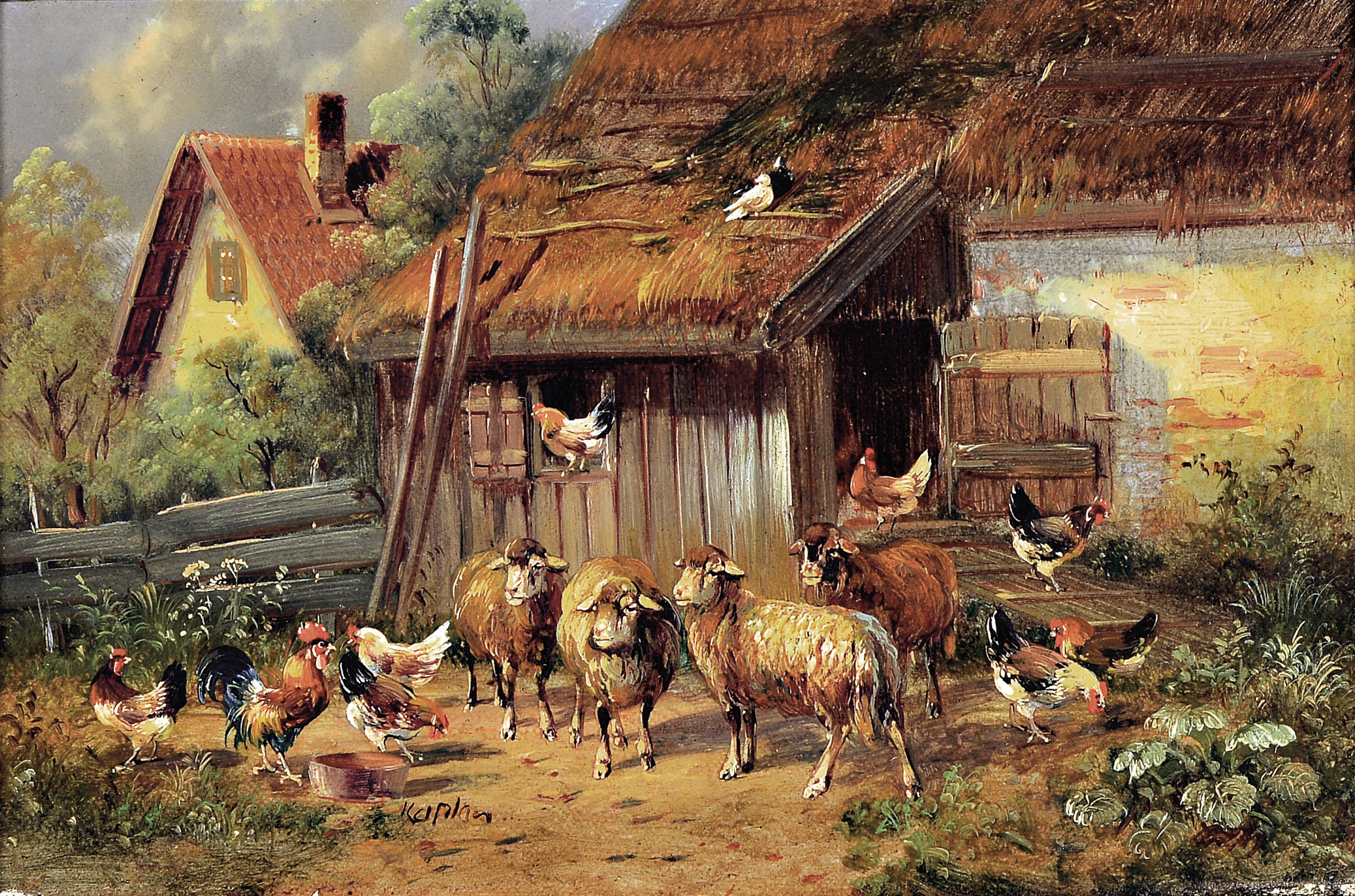 Hubert Kaplan, geb. 1940 München, Schafe und Hühner vor Hühnerstall, Öl/Holzplatte, mittig unten signiert, 10x15 cm, Rahmen 17x22 cm