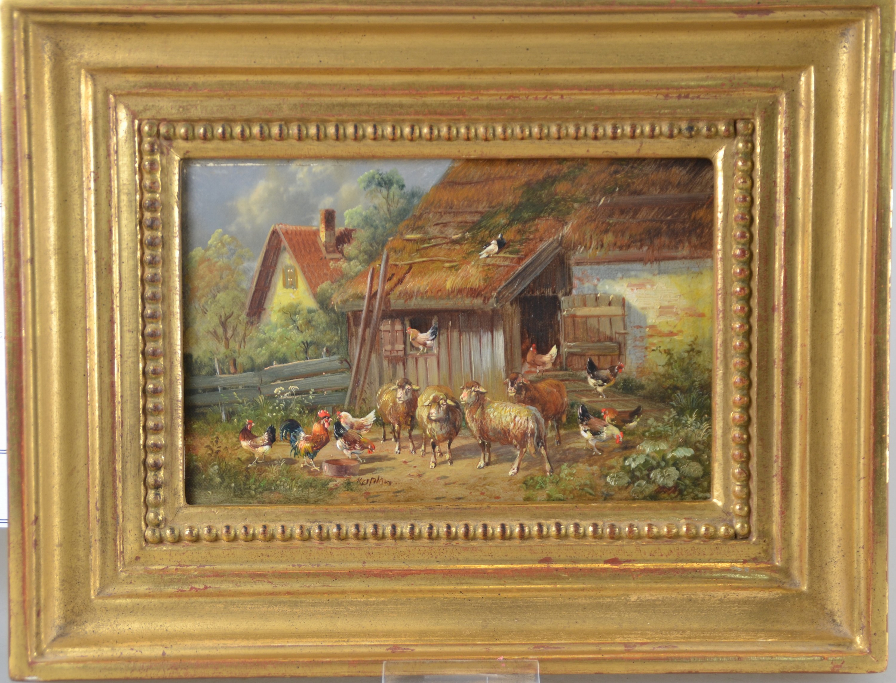 Detail b: Hubert Kaplan, geb. 1940 München, Schafe und Hühner vor Hühnerstall, Öl/Holzplatte, mittig unten signiert, 10x15 cm, Rahmen 17x22 cm
